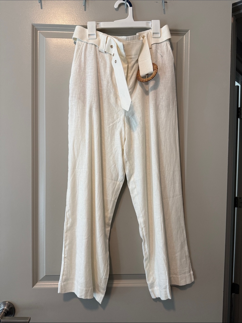 Rachel Zoe Off-White Wide-Leg Linen-Blend Trousers with Ring Belt